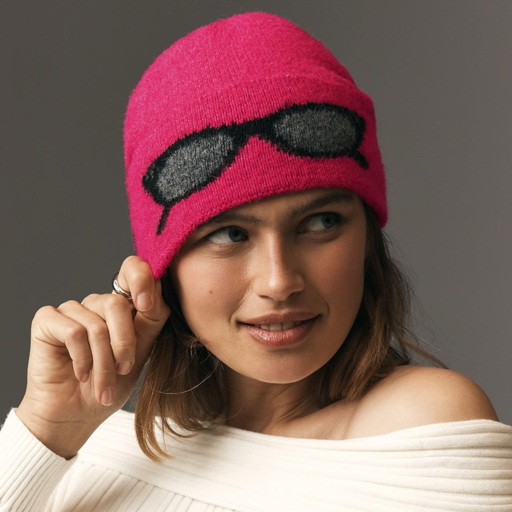 Pink Knit Beanie with Ski goggle Design- BNWT